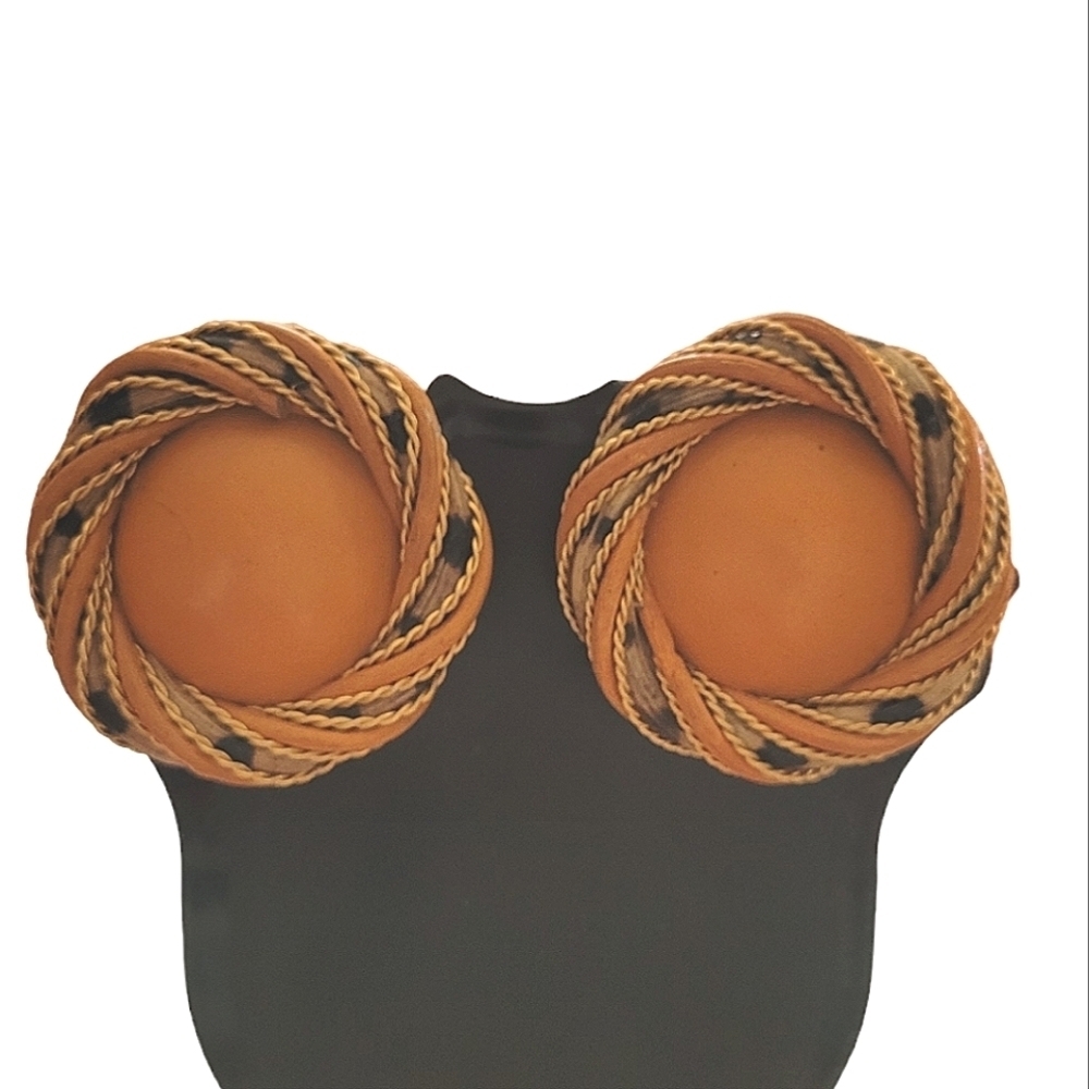 Vintage - 80's Orange Leather and Braided Clip On Earrings